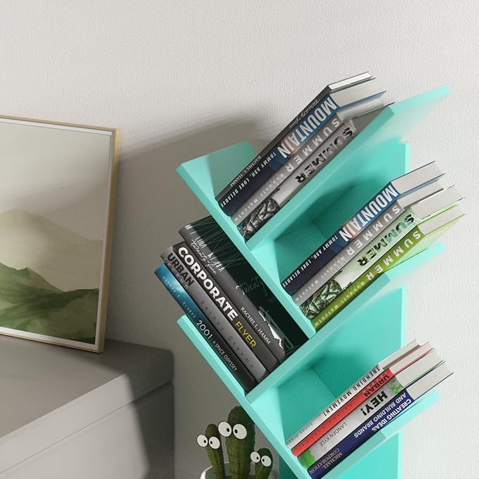 SHEEPAM 5 Tier Tree Book Shelf, Small Desktop Bookshelf with Storage Organizer, Wood Bookcase, Desk Display Bookshelves, Floor Standing Organizer Bookcases for Living Room,Bedroom,Office-Green