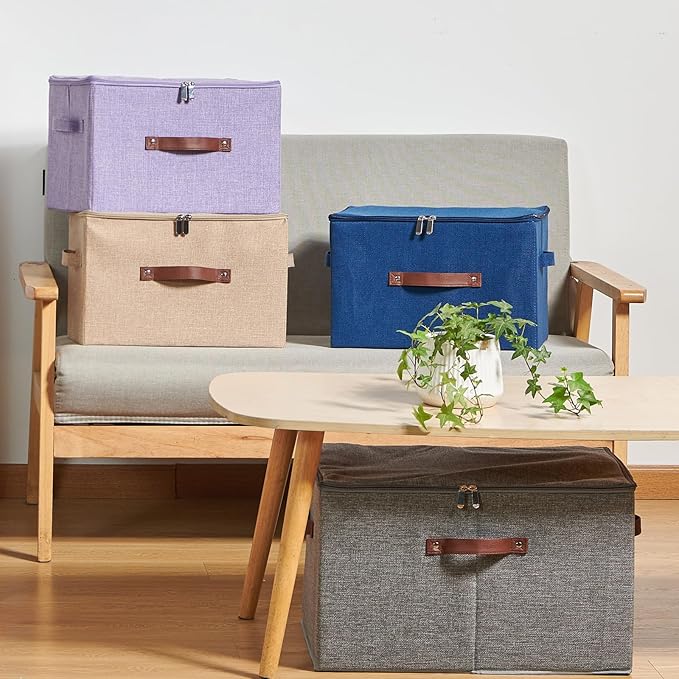 Storage Bins with Zipper Lid Cotton Linen Fabric Lidded Storage Baskets Boxes Foldable Washable Closet Shelf Clothes Organizer Container with PU Leather Handles (Teal Blue, Large)
