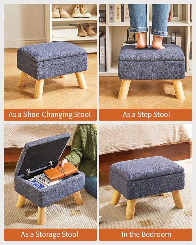 YMYNY Storage Ottoman, Footstool, Small Foot Stool with Sturdy Wood Legs Stool, Foot Rest with Padded Seat, for Living Room Bedroom Couch Enterway 15.75''D×11.81" W×11.02" H Blue UHBD042BU