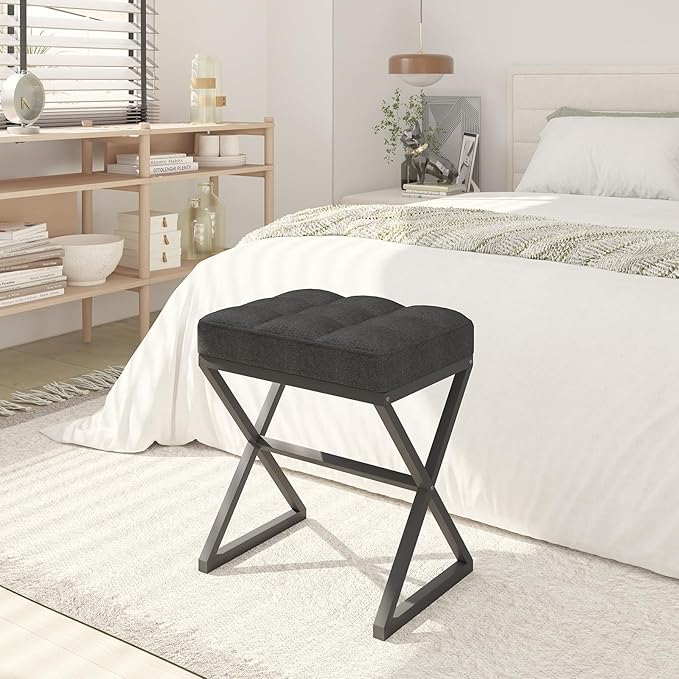 YMYNY Vanity Stool, Linen Footrest Stool, Ottoman Bench with X-Shaped Metal Legs, Makeup Dressing Stool for Vanity, Living Room, Bedroom, Entryway, Hallways 15.74" D×11.81" W×18.11" H Black UHBD033B