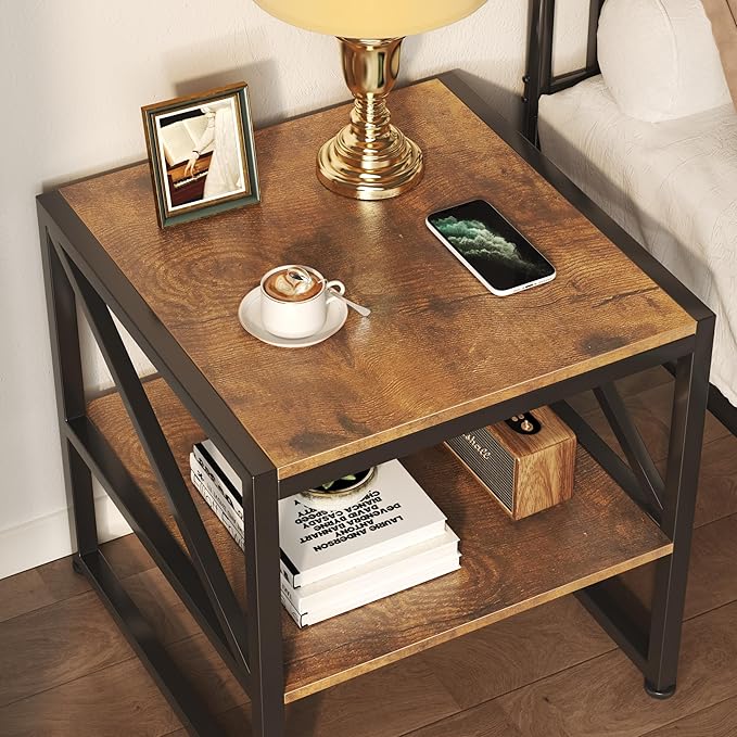 Mexin End Table with Charging Station, 20 Inch Square Printer Stand with USB Ports & Power Outlets, Mini Fridge Stand with 2-Tier Storage Shelf Adjustable, Industrial Wood Nightstand for Small Spaces