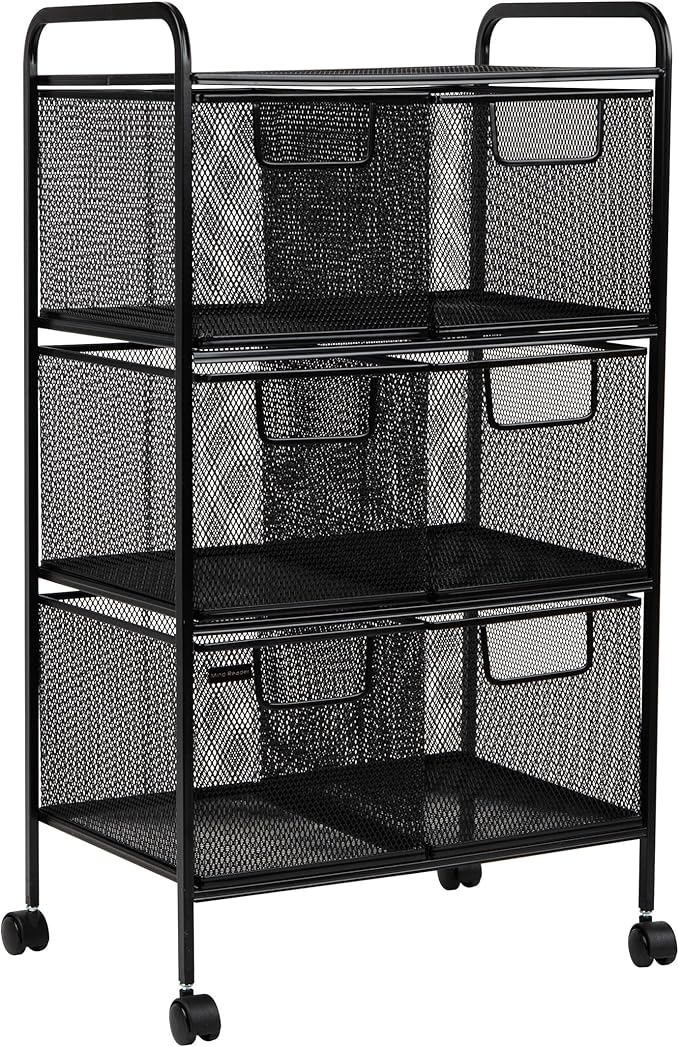 Mind Reader Multipurpose Rolling Cart with Drawers, Office Storage Organizer, Utility Cart, Metal Mesh, Black