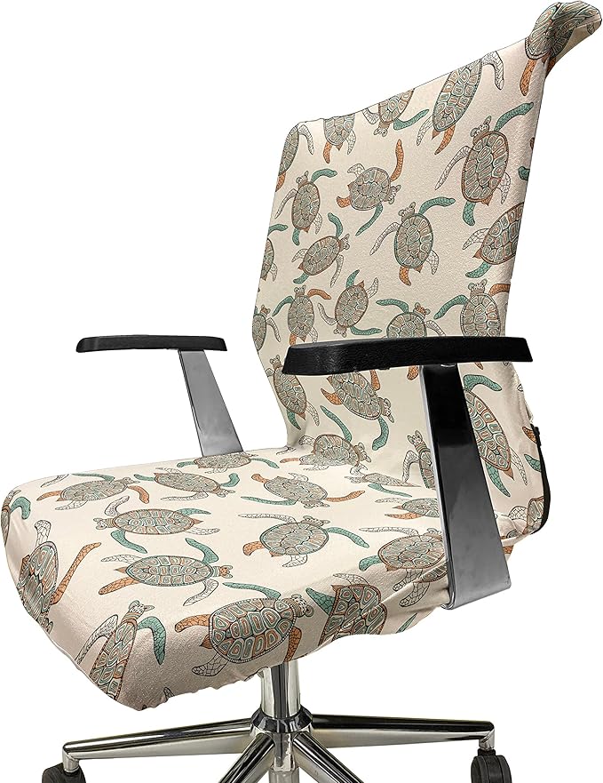 Ambesonne Ethnic Office Chair Cover, Illustration of Traditional Turtle with Geometric Motifs, Stretchable Decorative Universal Size High Back Printed Slipcover, Peach Seafoam