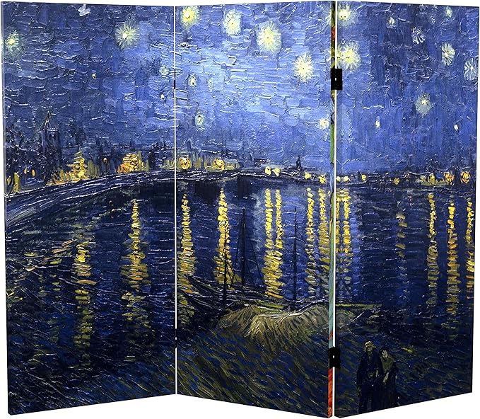 Red Lantern 3 ft. Short Double Sided Works of Van Gogh Canvas Folding Screen Irises/Starry Night Over Rhone 3 Panel Freestanding Partition and Separator for Modern and Contemporary Bedroom Home Office