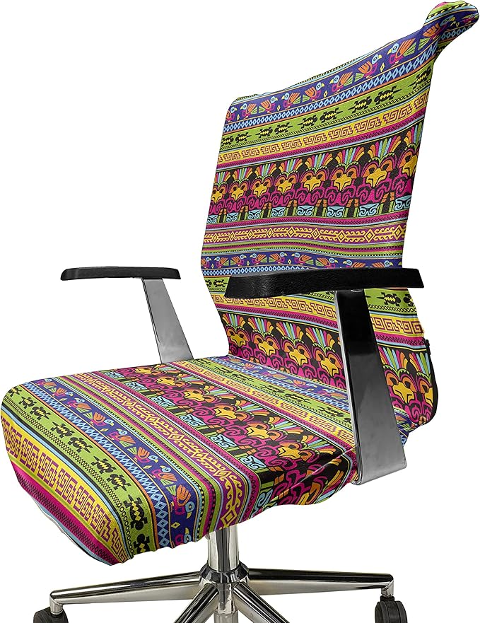 Ambesonne Prehistoric Office Chair Cover, Aztec Culture Pattern Borders Ornate Tribal Animal Print, Stretchable Decorative Universal Size High Back Printed Slipcover, Magenta Yellow
