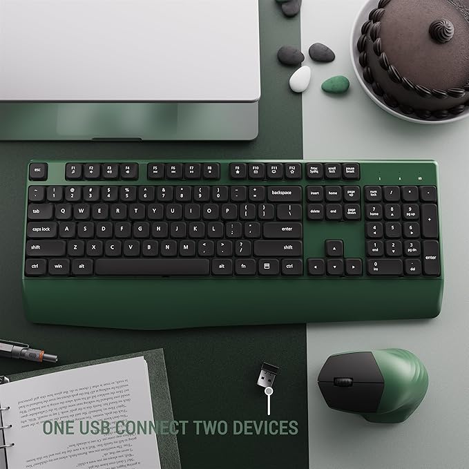 MPTOG Ergonomic Keyboard and Mouse Combo with Wrist Rest, BK Chipset, Full-Size Colorful Office Keyboard and Mouse, Power Button, USB Receiver for PC Laptop(Dark-Green Black)