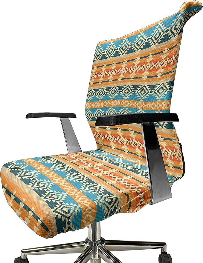 Ambesonne Southwestern Office Chair Cover, Striped Backdrop GeometricTribal Motif Native Mexican Cultural Heritage, Stretchable Decorative Universal Size High Back Printed Slipcover, Cream Orange Blue