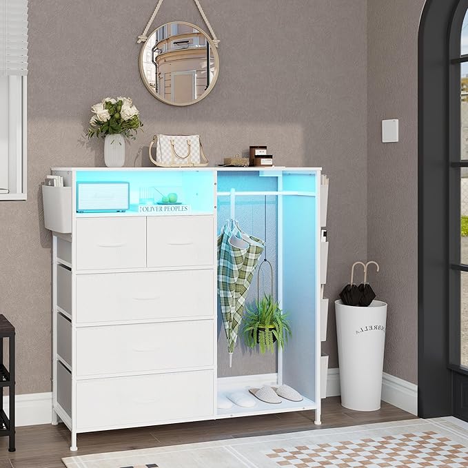 Espelism Dresser for Bedroom with Clothes Rack Side Pockets White 5 Drawers with Charging Station LED Lights Sturdy Steel Frame Wood Top Organizer Unit for Nursery Hallway Closet