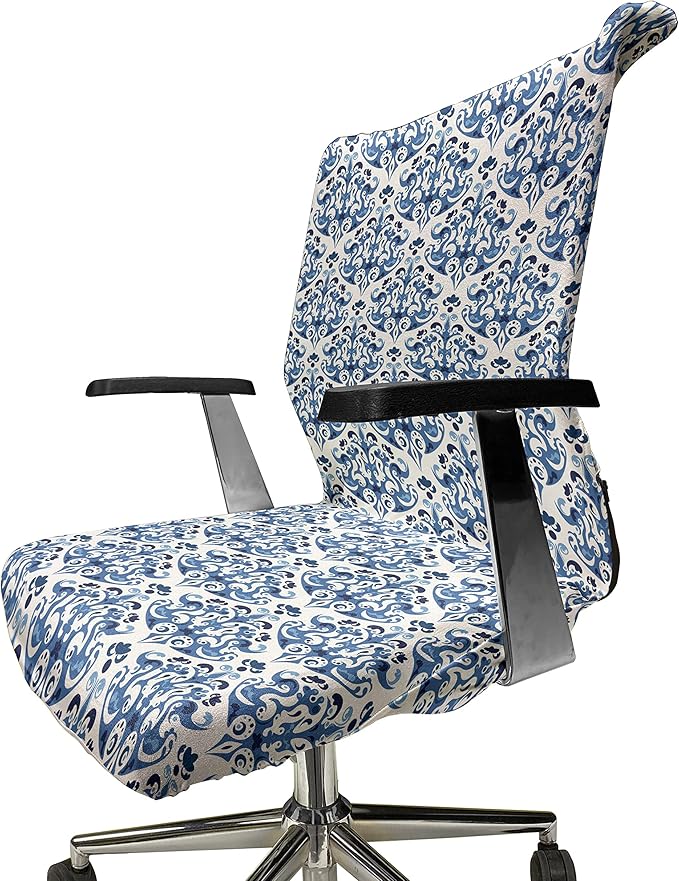 Ambesonne Indigo Office Chair Cover, Victorian Style Floral Design Vintage Print, Stretchable Decorative Universal Size High Back Printed Slipcover, Azure Blue