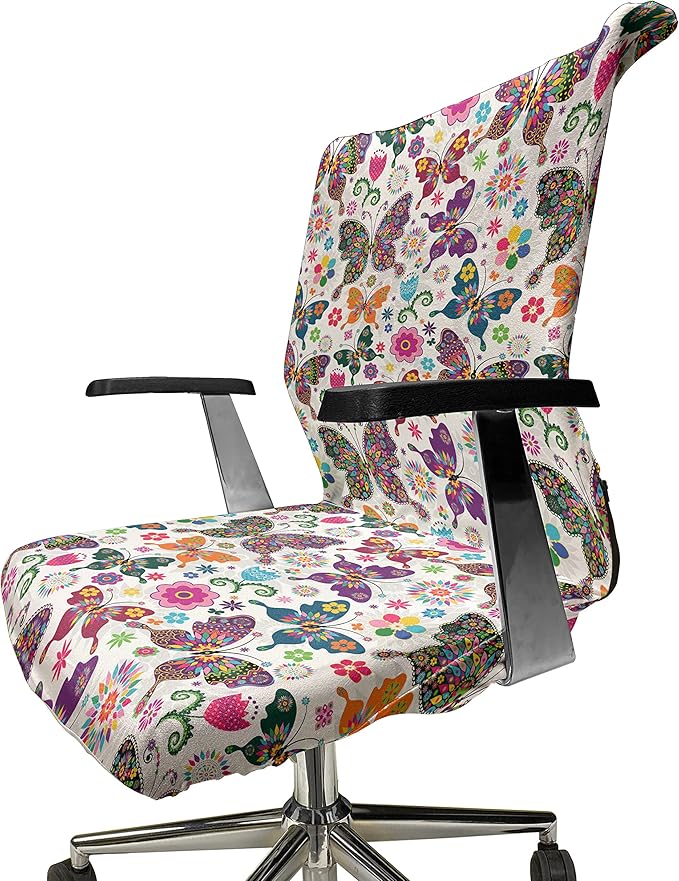 Ambesonne Butterfly Office Chair Cover, Sixties and Seventies Inspired Complex Image with Floral Elements and Butterflies, Stretchable Decorative Universal Size High Back Printed Slipcover, White Pink