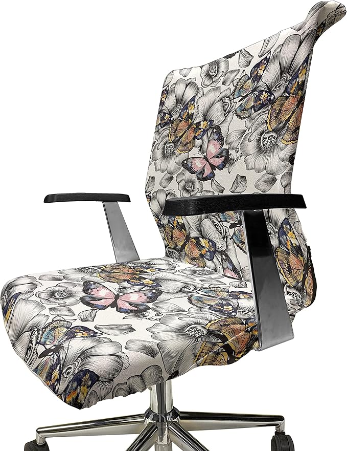 Ambesonne Butterfly Office Chair Cover, Monochrome Floral with Colorful Summer Season Animal Blooming Flowers, Stretchable Decorative Universal Size High Back Printed Slipcover, Pink Orange