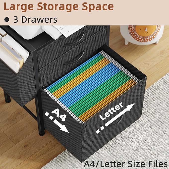 HIGDBFE Small 3 Drawer File Cabinet with Charging Station, 45''H, 3-Tier Filing Cabinet for Home Office, 11''*16'' for Small Printer, Fabric Drawer Fits Letter/A4, Tall Printer Stand, Black
