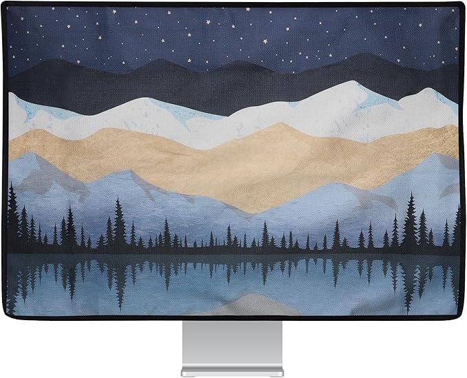 kwmobile Dust Cover for 20-22" monitor - Linen Monitor Protector with Design - Starry Night Lake White/Light Brown/Dark Blue
