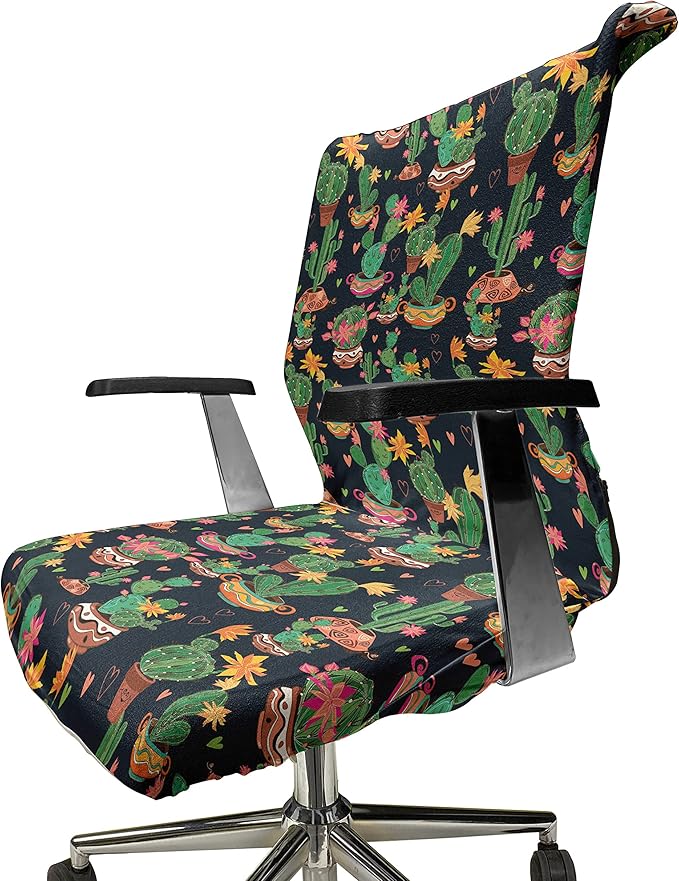 Ambesonne Cactus Print Office Chair Cover, Colorful Layout of Different Shapes of Cacti with Flowers, Stretchable Decorative Universal Size High Back Printed Slipcover, Black Grey