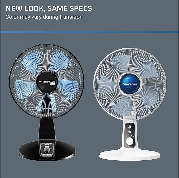 Rowenta, Desk Fan, Turbo Silence Table Fan, 12 Inches, Ultra Quiet Fan for Bedroom, Oscillating, Portable, 4 Speeds, Manual Turn Dial, White, Indoor, VU2730