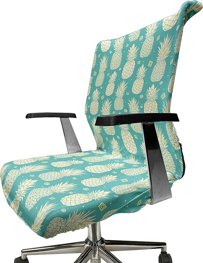 Ambesonne Pineapple Office Chair Cover, Abstract Summer Pattern with Exotic Fruit and Minimal Ornaments, Stretchable Decorative Universal Size High Back Printed Slipcover, Yellow Turquoise