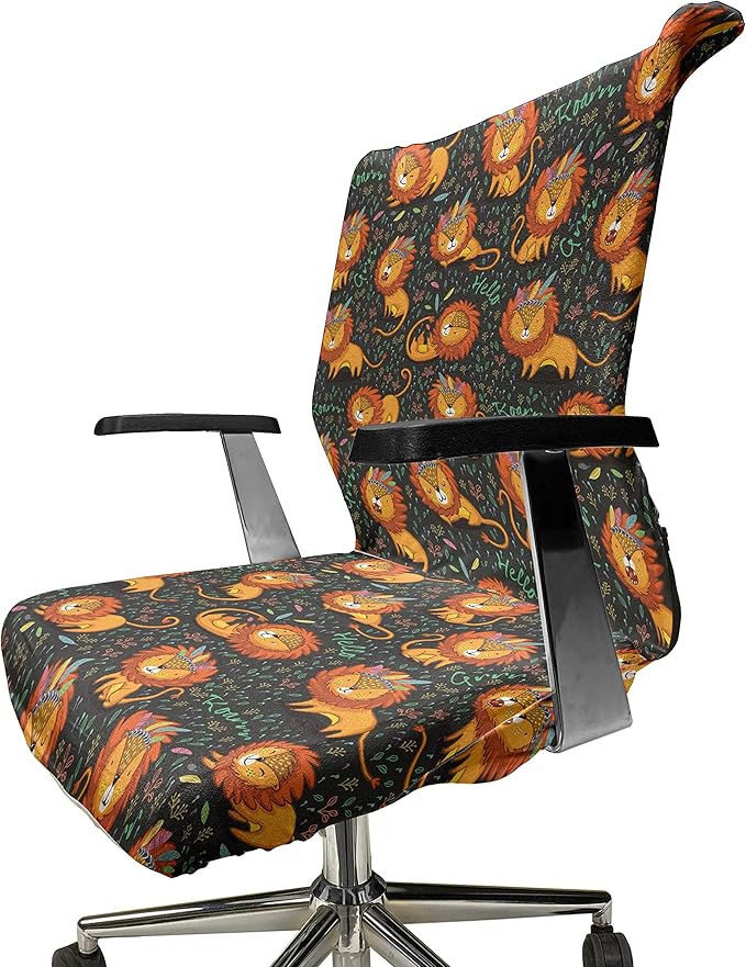 Ambesonne Cartoon Office Chair Cover, Lions Illustrations Tribal Theme Feathers and Floral Strokes King of The Jungle, Stretchable Decorative Universal Size High Back Printed Slipcover, Orange Black