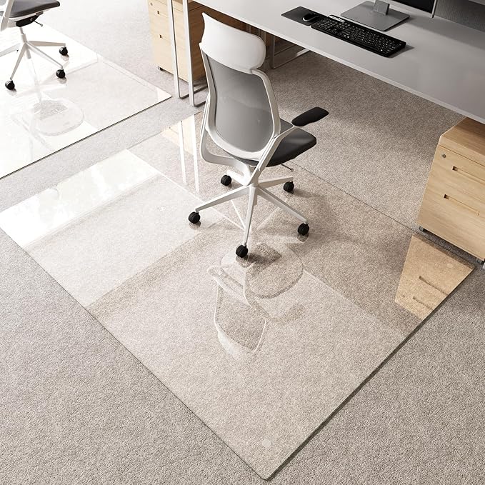 Tempered Glass Chair Mat 72"x54" – Ultra-Clear Office Chair Mat for Hardwood Floors & Low-Pile Carpets – Heavy-Duty 0.2" Scratch-Resistant Surface with Non-Slip Pads – Supports 1,000 lbs