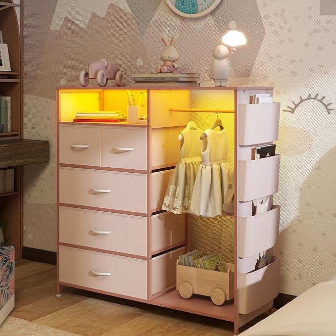 Espelism Dresser for Bedroom with Clothes Rack Side Pockets 5 Drawer Dresser with Charging Station LED Lights Black Storage Chest of Drawers for Hallway Closet Sturdy Steel Frame Wood Top (Pink)