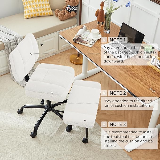 Ergonomic Criss Cross Legged Office Chair, ADHD Chair, 360° Swivel Meditation Kneeling Chair with Wheels, Adjustable Footrest, Wider Height Adjustable Seat, Lumbar Support, Teddy Fabric, OffWhite