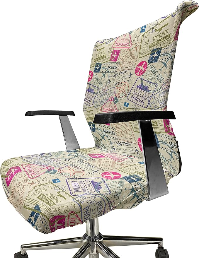 Ambesonne Travel Office Chair Cover, Passport and Visa Stamps Illustration of Toronto Hong Kong Berlin Print, Stretchable Decorative Universal Size High Back Printed Slipcover, Eggshell Pink
