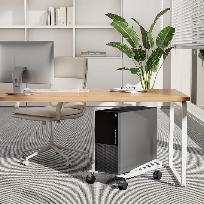 PEGZONE Adjustable PC Stand for Floor(400-510mm D, 160-300mm W), PC Tower Stand with 4 Caster Wheels, Ventilated Under Desk CPU Cart Holder for Office, Gamers, White