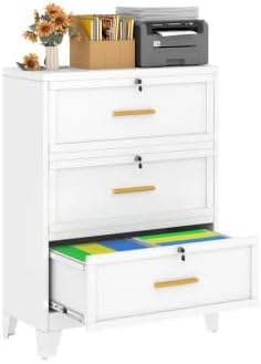 winiowa 3 Drawer File Cabinet, Metal Lateral File Cabinet with Lock, Locking Filing Cabinets for Home Office,Wide Office Storage Cabinet for Hanging Files Letter/Legal/F4/A4 Size (White, 3-Drawer)