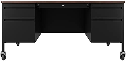 Hirsh 30x60 Mobile Double Pedestal Metal Desk with T Top Black/Walnut