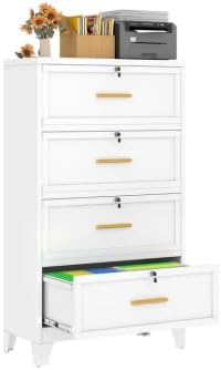 winiowa 4 Drawer File Cabinet, Metal Lateral File Cabinet with Lock, Locking Filing Cabinets for Home Office,Wide Office Storage Cabinet for Hanging Files Letter/Legal/F4/A4 Size (White, 4-Drawer)