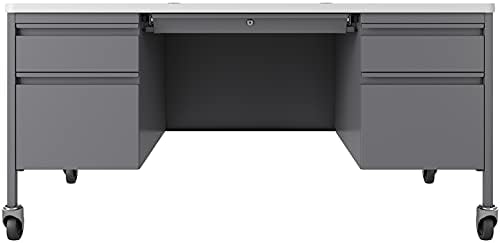 Hirsh 30x60 Mobile Double Pedestal Metal Desk with T Top Silver/White