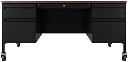 Hirsh 30x60 Mobile Double Pedestal Metal Desk with T Top Black/Walnut