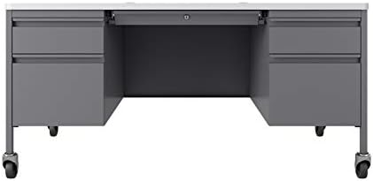 Hirsh 30x60 Mobile Double Pedestal Metal Desk with T Top Silver/White