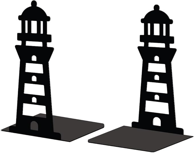 Peacoblue Metal Bookends for Shelves, Modern Decorative Heavy Duty Study Book Support Stoppers for Office, Desk, Shelf, Room 5.3"x4.3"x7.9" Cast Iron Simple Tall Bookends, 1 Pair (Lighthouse)