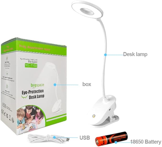 Clip on Reading Lamp, Battery Powered with 3 Brightness Levels, USB Rechargeable