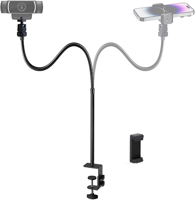 Webcam Stand Phone Holder Desktop Adjustable Gooseneck & Pole Video Clamp Stand Camera Mount for Cellphones, Logitech Webcam C922 C930e C920S C920 C615, Etc. (1/4" Threads, 7.5cm Clamp)