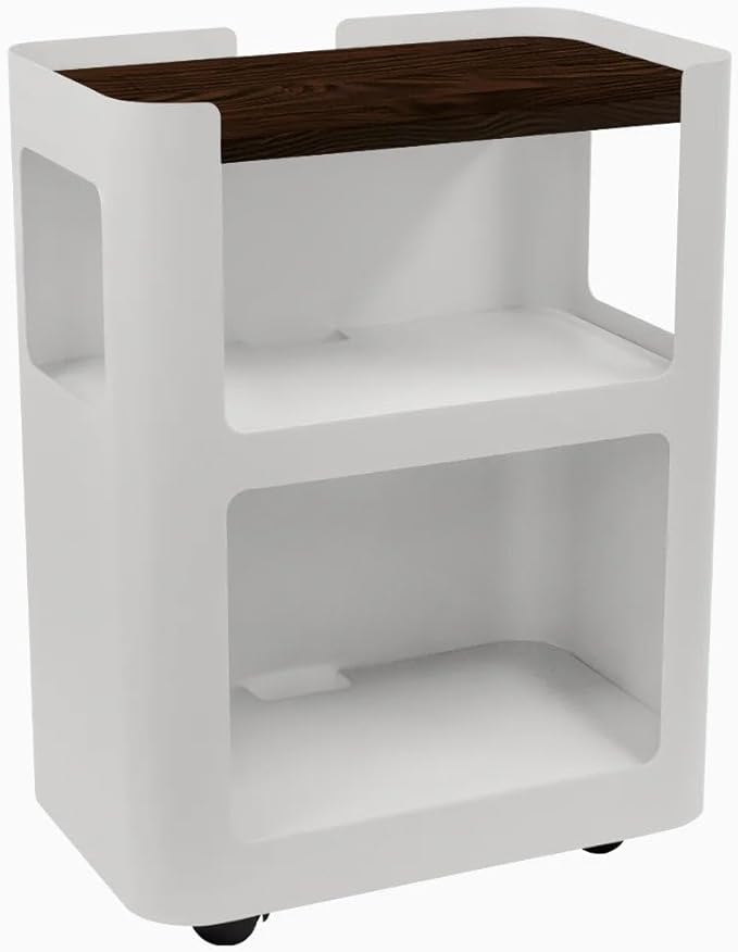 Desky Minimal Open Mobile Pedestal – 3-Tier Open Storage Cabinet with Hidden Swivel Casters and Integrated Cable Management, White Frame/Rustic Pine