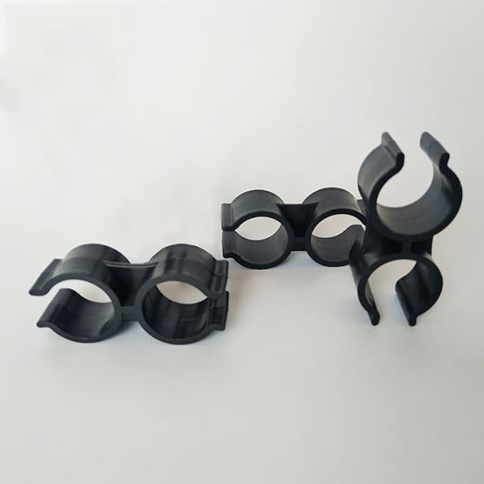 10pcs Black Double Port Pipe Clamps Clips, Hdtyyln 24mm Diameter Plastic Double Line Clamps Shelf Pole Connector Chain Link Fence Panel Clamps Clips, Pipe Linking and Fastening Fastener Accessories