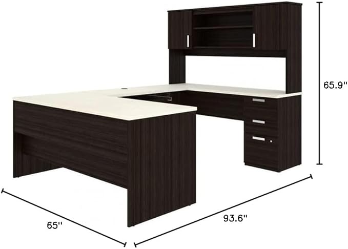 Pemberly Row U Shaped Computer Desk, 65" W x 93.6" D x 65.9" H, Melamine and Particle Board, Dark and White Chocolate Finish, Built-in File Cabinet, Hutch Storage, Reversible Configuration for Home