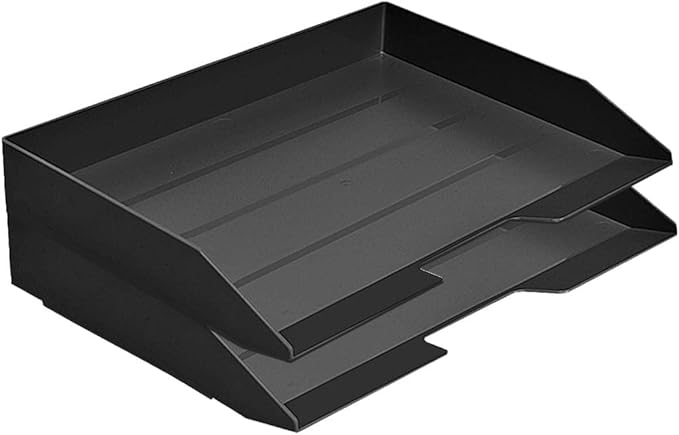 Acrimet 2 Tier Paper Organizer Letter Tray – Plastic Stackable Desk File Organizer, Side Load Paper Sorter for Letter/A4 Office File Folder Holder – Black