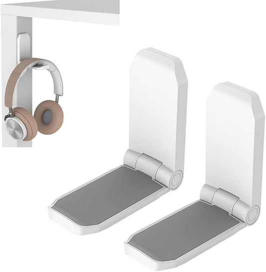 KIWIFOTOS 2 Pack Adhesive Desk Headphone Hanger, PC Gaming Headset Holder Stand, Adhesive Holder Mount for Wall, Foldable Headphones Hook Mount Under Desk - White,Two Pack