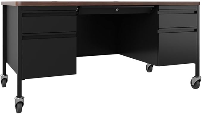 Hirsh 30x60 Mobile Double Pedestal Metal Desk with T Top Black/Walnut