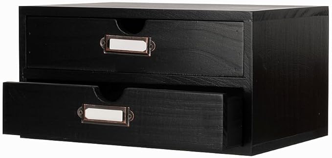 Wooden Storage Box Rustic Desktop Organizer with 2 Drawers Office Desk Accessories Shelf Small Craft Storage Containers Apothecary Cabinet and Chest Jewelry Holder for women(BLACK)