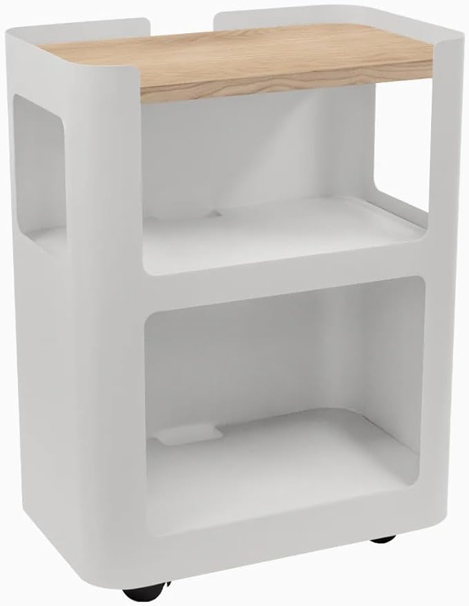 Desky Open Mobile Pedestal - White Frame/White Ash Top. Compact Office Drawer Cabinet on Wheels