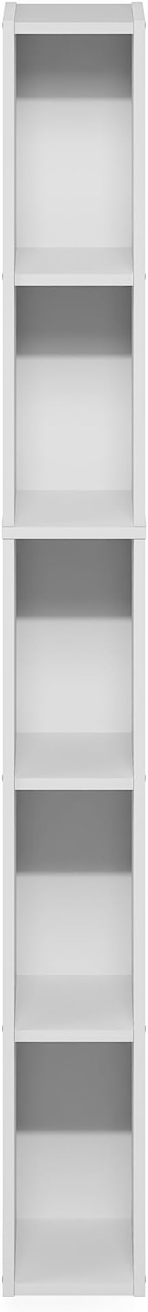 Furinno Fulda Book Shelf, 5-Tier Tall Narrow Bookshelf, Standing Bookcase with 6-in Width Storage Shelf, 9.3 x 5.9 x 51.9, for Organization Storage, for Living Room, Bedroom, Home Office, White