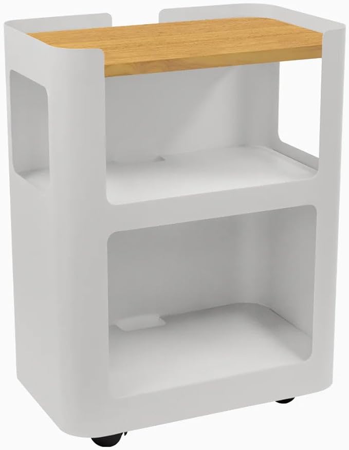 Desky Open Mobile Pedestal - White Frame/Light Oak Rubberwood Top. Compact Office Drawer Cabinet on Wheels