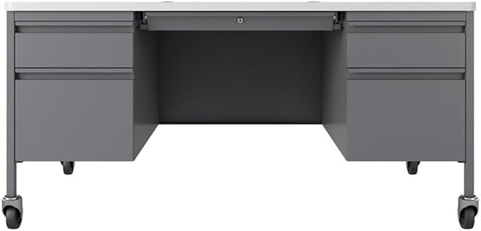 Hirsh 30x60 Mobile Double Pedestal Metal Desk with T Top Silver/White