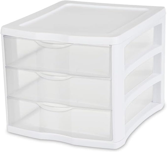 3 Drawer Unit, Clear Plastic Countertop or Desktop Drawers, White