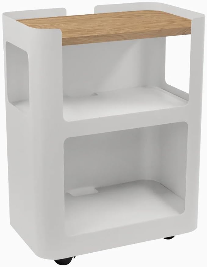 Desky Open Mobile Pedestal - White Frame/White Oak Top. Compact Office Drawer Cabinet on Wheels
