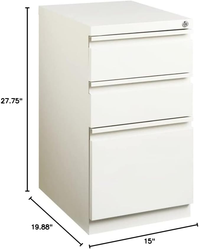 BOWERY HILL 3-Drawer Metal Mobile Filing Cabinet, 20 in Depth, Steel Construction, White Finish, Hidden Casters, Letter-Size File Storage, Pre-Assembled for Home or Office Use