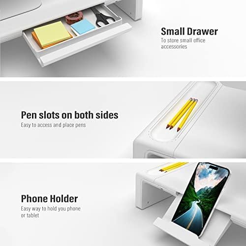 OImaster Monitor Stand Riser, Foldable Computer Monitor Riser, Adjustable Length Computer Stand and Storage Drawer & Pen Slot, Phone Stand Compatible Computer, Desktop, Laptop, Save Space (White-3.0 HUB-Adapter)